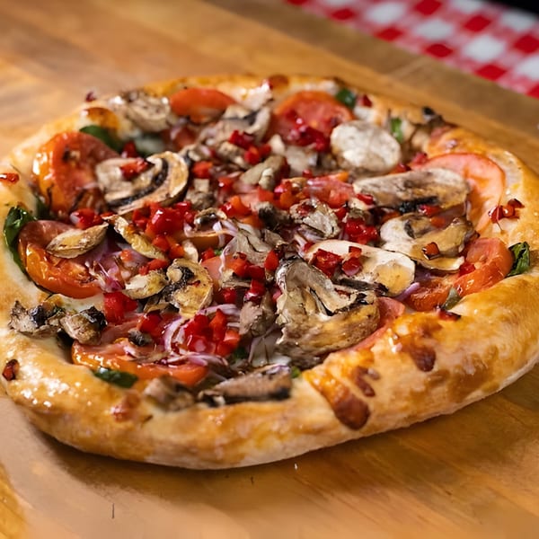 Mattenga's Pizzeria's fresh vegetable pizza, topped with mushrooms, tomatoes, and red peppers.